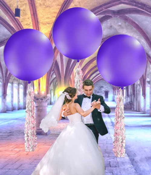 Lavendel-Pastell 1 Meter Ballons als Hintergrund zum Hochzeitsfoto mit dem tanzenden Hochzeitspaar