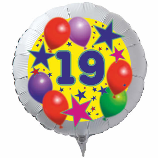 Luftballon zum 19. Geburtstag, Sterne und Luftballons, Rundballon in Weiß mit Ballongas Helium