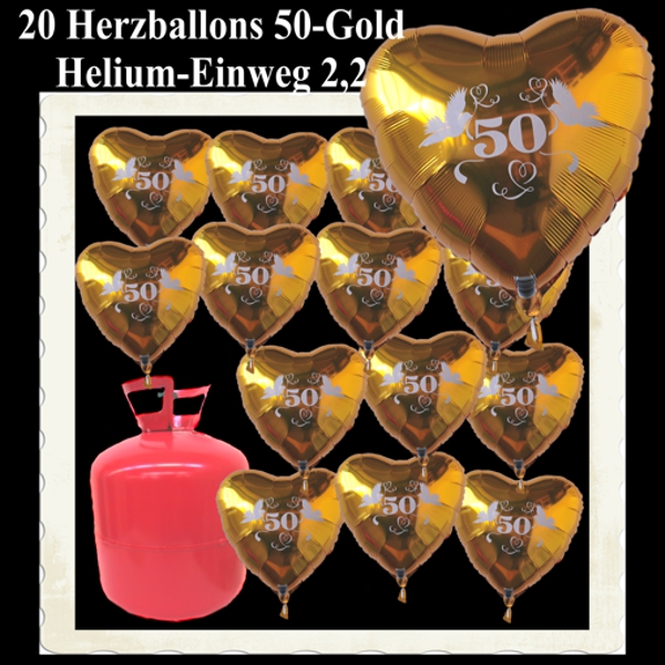 Ballons Helium Set Dekoration Goldene Hochzeit, 20 Herzballons aus Folie, 50 Gold, mit dem 2,2 Liter Helium Einwegbehälter