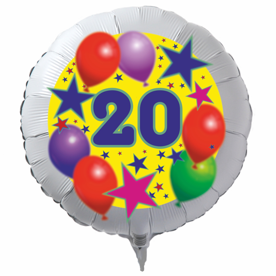 Luftballon zum 20. Geburtstag, Sterne und Luftballons, Rundballon in Weiß mit Ballongas Helium