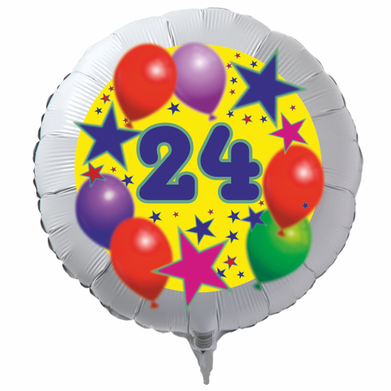 Luftballon zum 24. Geburtstag, Sterne und Luftballons, Rundballon in Weiß mit Ballongas Helium