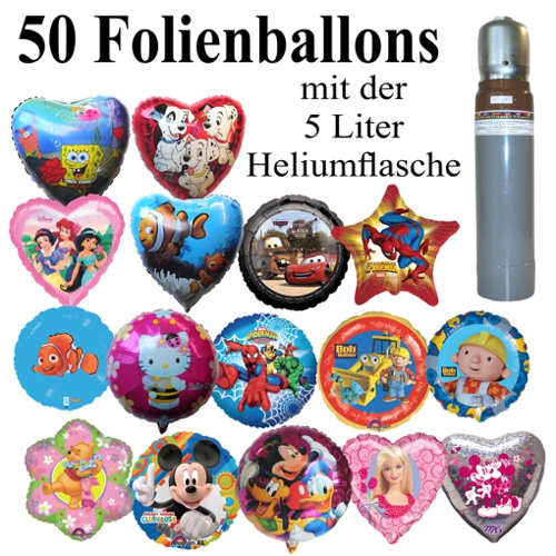 Folienballon Midi Set, 50 Luftballons aus Folie zur Auswahl mit 5 Liter Ballongasflasche
