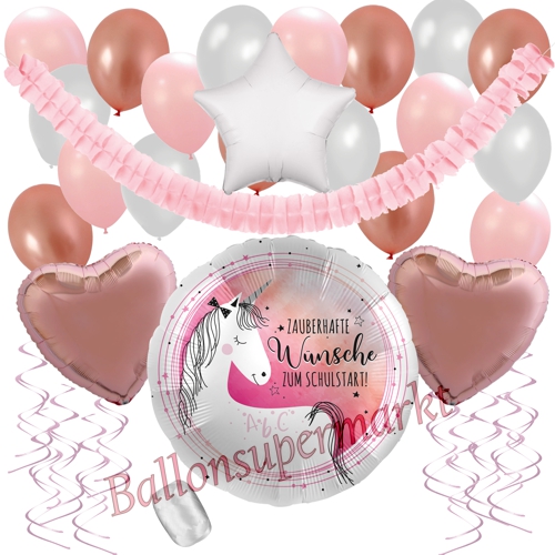 Ballons-und-Dekorations-Set-Einhorn-zum-Schulanfang-Rosegold-Rosa-Dekoration-zur-Einschulung