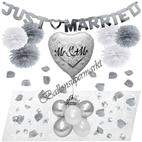 Ballons-und-Dekorations-Set-Mr-and-Mr-Just-Married-Weiss-Silber-Deko-Tischdeko-Hochzeitsfest