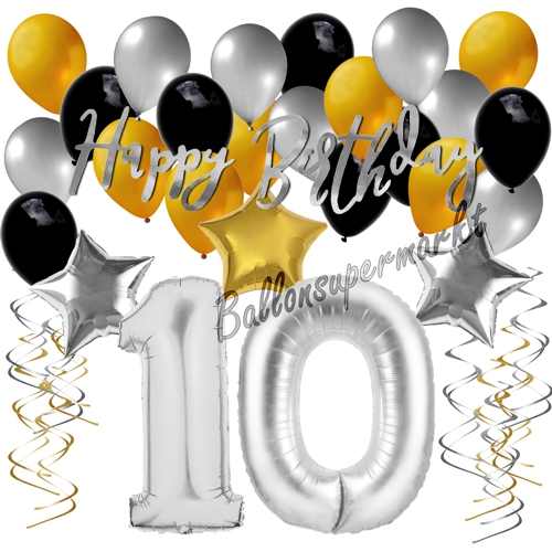 Ballons-und-Dekorations-Set-zum-10.-Geburtstag-Happy-Birthday-Silber-Gold-Schwarz