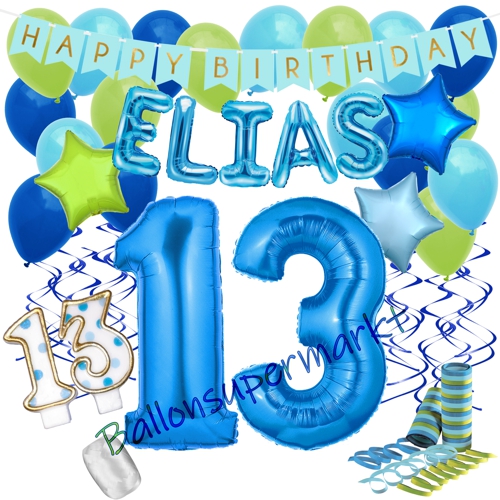 Ballons-und-Dekorations-Set-zum-13.-Geburtstag-Happy-Birthday-Blau-mit-Namen