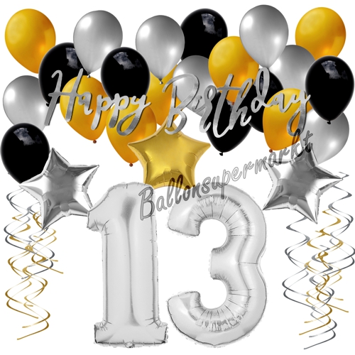 Ballons-und-Dekorations-Set-zum-13.-Geburtstag-Happy-Birthday-Silber-Gold-Schwarz