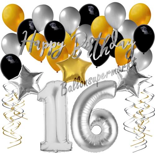 Ballons-und-Dekorations-Set-zum-16.-Geburtstag-Happy-Birthday-Silber-Gold-Schwarz