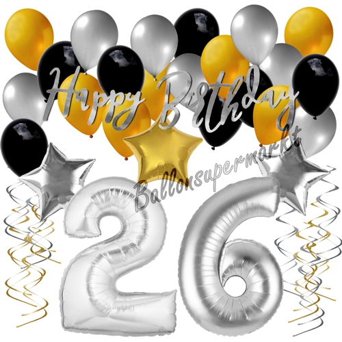 Ballons-und-Dekorations-Set-zum-26.-Geburtstag-Happy-Birthday-Silber-Gold-Schwarz