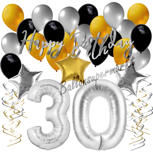 Ballons-und-Dekorations-Set-zum-30.-Geburtstag-Happy-Birthday-Silber-Gold-Schwarz