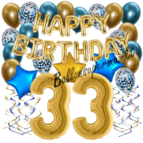 Ballons-und-Dekorations-Set-zum-33.-Geburtstag-Happy-Birthday-Chrome-Blue-and-Gold