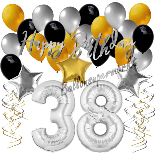 Ballons-und-Dekorations-Set-zum-38.-Geburtstag-Happy-Birthday-Silber-Gold-Schwarz