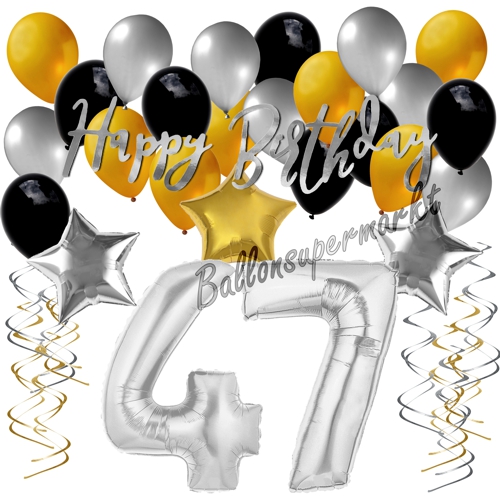 Ballons-und-Dekorations-Set-zum-47.-Geburtstag-Happy-Birthday-Silber-Gold-Schwarz
