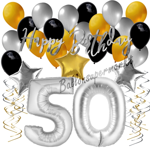 Ballons-und-Dekorations-Set-zum-50.-Geburtstag-Happy-Birthday-Silber-Gold-Schwarz