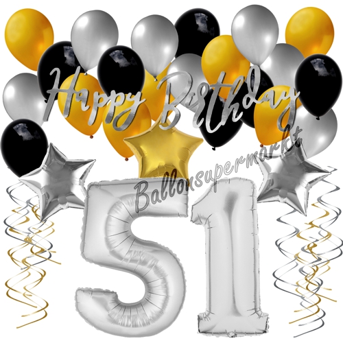 Ballons-und-Dekorations-Set-zum-51.-Geburtstag-Happy-Birthday-Silber-Gold-Schwarz