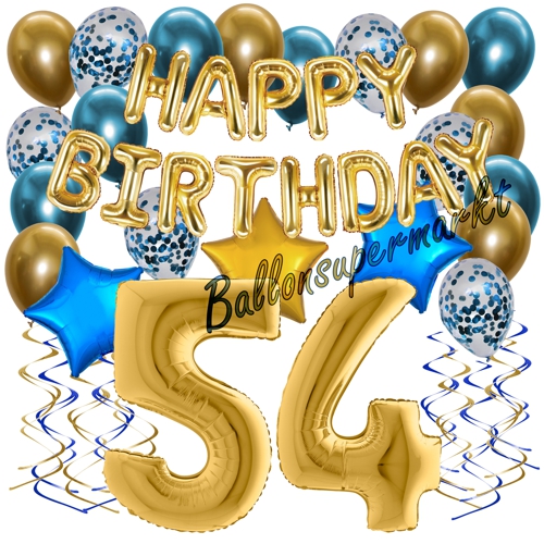 Ballons-und-Dekorations-Set-zum-54.-Geburtstag-Happy-Birthday-Chrome-Blue-and-Gold