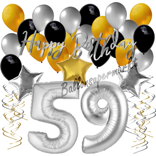 Ballons-und-Dekorations-Set-zum-59.-Geburtstag-Happy-Birthday-Silber-Gold-Schwarz