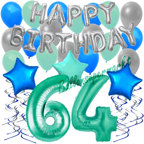 Ballons-und-Dekorations-Set-zum-64.-Geburtstag-Happy-Birthday-Aquamarin