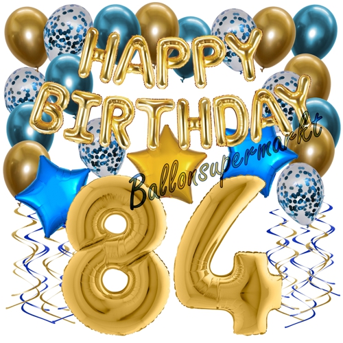 Ballons-und-Dekorations-Set-zum-84.-Geburtstag-Happy-Birthday-Chrome-Blue-and-Gold