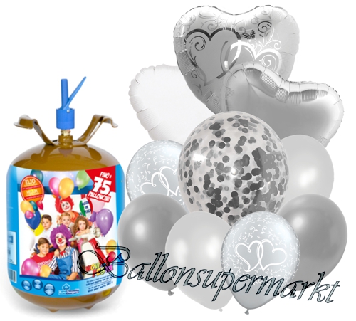 Ballons-und-Helium-Set-Midi-3,5-Liter-Einweg-Entwined-Hearts-Silber-40-Stueck-Luftballons-Ballonflug-Dekoration-Hochzeit