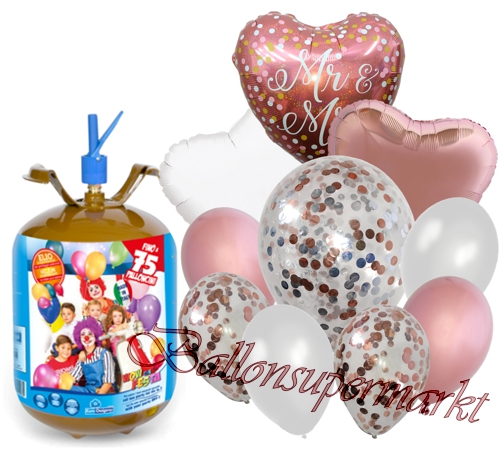 Ballons-und-Helium-Set-Midi-3,5-Liter-Einweg-Mr-and-Mrs-rosegold-40-Stueck-Luftballons-Ballonflug-Dekoration-Hochzeit