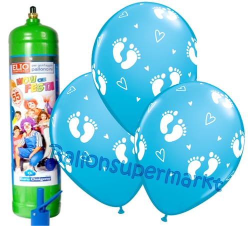 Ballons-und-Helium-Set-Midi-3-Liter-Einweg-Geburt-Baby-Footprints-hellblau-50-Stueck-Ballonflug-Dekoration-Babyparty-Junge
