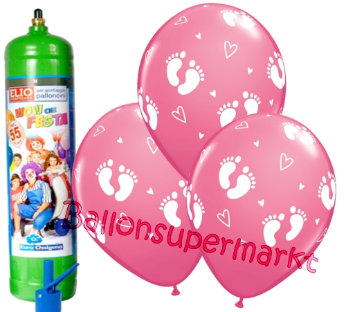Ballons-und-Helium-Set-Midi-3-Liter-Einweg-Geburt-Baby-Footprints-rosa-50-Stueck-Ballonflug-Dekoration-Babyparty-Maedchen