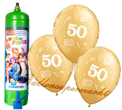 Ballons-und-Helium-Set-Midi-3-Liter-Einweg-Goldene-Hochzeit-Zahl-50-50-Stueck-Ballonflug-Dekoration-Goldhochzeitsfest