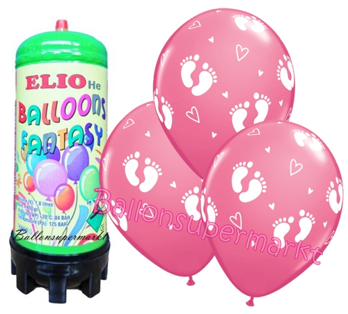 Ballons-und-Helium-Set-Midi-Einweg-Geburt-Baby-Footprints-rosa-25-Stueck-Ballonflug-Dekoration-Babyparty-Maedchen