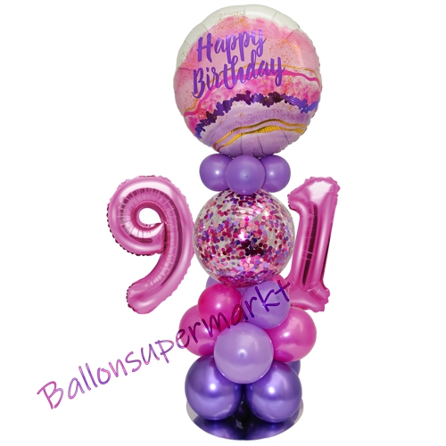 Ballonsdekoration-LED-Happy-Birthday-91-Pink-Lila-Deko-Tischdeko-zum-91.-Geburtstag