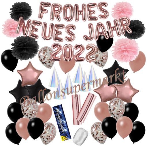 Deko-Set-Frohes-neues-Jahr-2022-Schwarz-Rosegold-52-Teile-Raumdekoration-mit-Luftballons-zu-Silvester-Neujahr-Silvesterdekoration