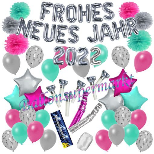 Deko-Set-Frohes-neues-Jahr-2022-Silber-Pink-Tuerkis-54-Teile-Raumdekoration-mit-Luftballons-zu-Silvester-Neujahr-Silvesterdekoration