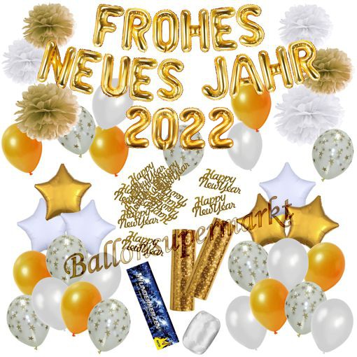 Deko-Set-Frohes-neues-Jahr-2022-Weiss-Gold-49-Teile-Raumdekoration-mit-Luftballons-zu-Silvester-Neujahr-Silvesterdekoration