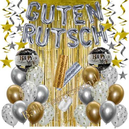 Deko-Set-Guten-Rutsch-Silber-Gold-35-Teile-Raumdekoration-mit-Luftballons-zu-Silvester-Neujahr-Silvesterdekoration