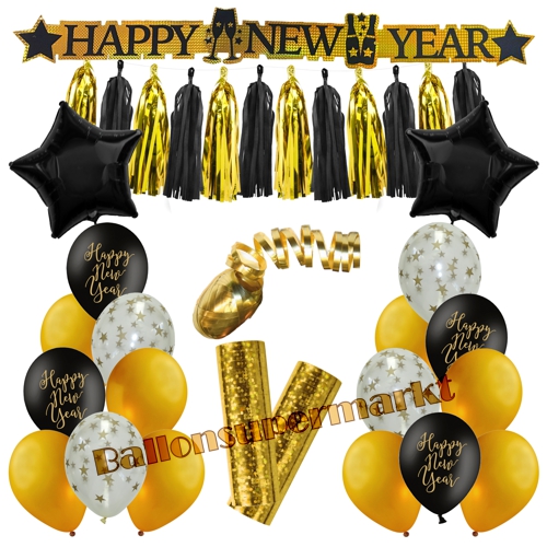 Deko-Set-Happy-New-Year-Black-and-Gold-23-Teile-Raumdekoration-mit-Luftballons-zu-Silvester-Neujahr-Silvesterdekoration