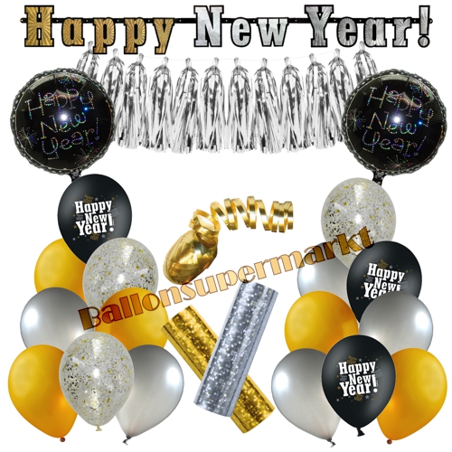 Deko-Set-Happy-New-Year-Glamour-23-Teile-Raumdekoration-mit-Luftballons-zu-Silvester-Neujahr-Silvesterdekoration