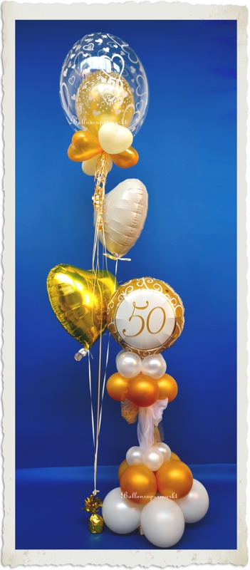 BDekoration-Goldene-Hochzeit-Bukett-und-Ballonsaeule-Goldene-50