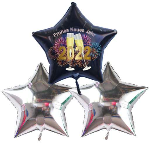 Dekoration zu Silvester mit Luftballons aus Folie, 2 silberne Sternballons, 1 schwarzer Sternballon 2022