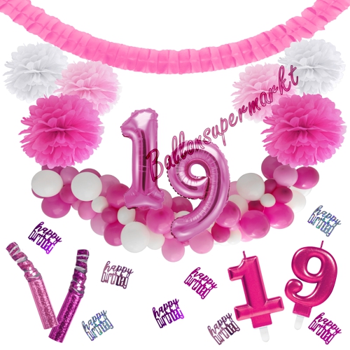 Dekorations-Set-zum-19.-Geburtstag-Wilde-Girlande-Pink-Rosa-Weiß