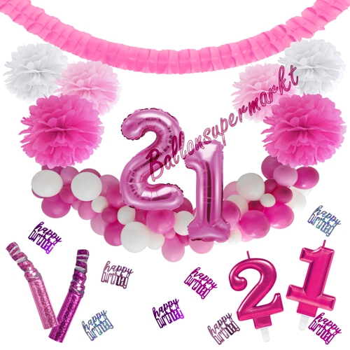 Dekorations-Set-zum-21.-Geburtstag-Wilde-Girlande-Pink-Rosa-Weiß