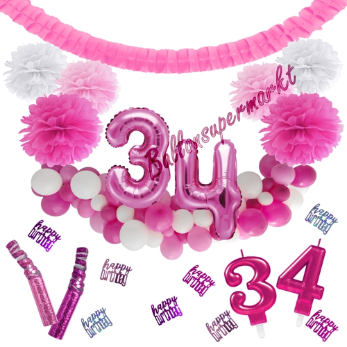 Dekorations-Set-zum-34.-Geburtstag-Wilde-Girlande-Pink-Rosa-Weiß