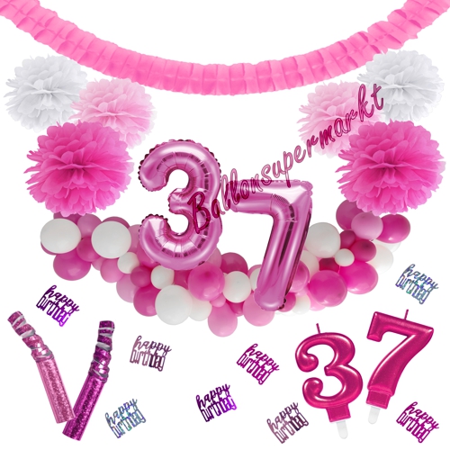 Dekorations-Set-zum-37.-Geburtstag-Wilde-Girlande-Pink-Rosa-Weiß