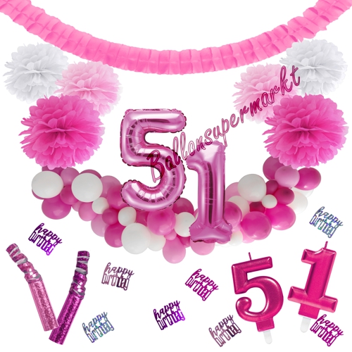 Dekorations-Set-zum-51.-Geburtstag-Wilde-Girlande-Pink-Rosa-Weiß