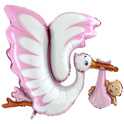 Folienballon-Klapperstorch-rosa-Luftballon-Shape-zur-Geburt-Babyparty-Taufe-Maedchen-Storch