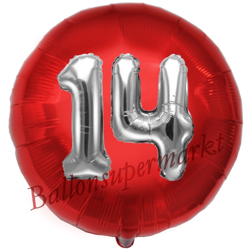 Folienballon-Rund-Jumbo-3D-14.-Geburtstag-Rot-Silber-Zahl-14-Luftballon-Geschenk