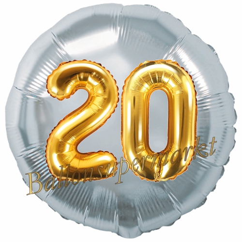 Folienballon-Rund-Jumbo-3D-20.-Geburtstag-Silber-Gold-Zahl-20-Luftballon-Geschenk