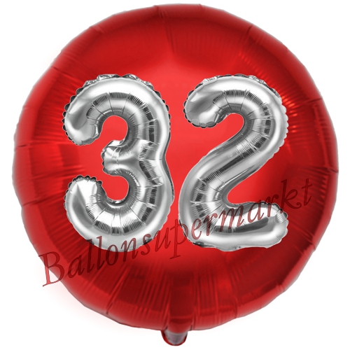 Folienballon-Rund-Jumbo-3D-32.-Geburtstag-Rot-Silber-Zahl-32-Luftballon-Geschenk
