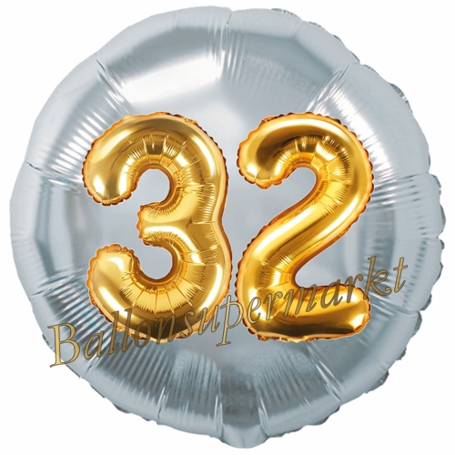 Folienballon-Rund-Jumbo-3D-32.-Geburtstag-Silber-Gold-Zahl-32-Luftballon-Geschenk