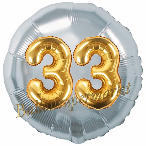 Folienballon-Rund-Jumbo-3D-33.-Geburtstag-Silber-Gold-Zahl-33-Luftballon-Geschenk