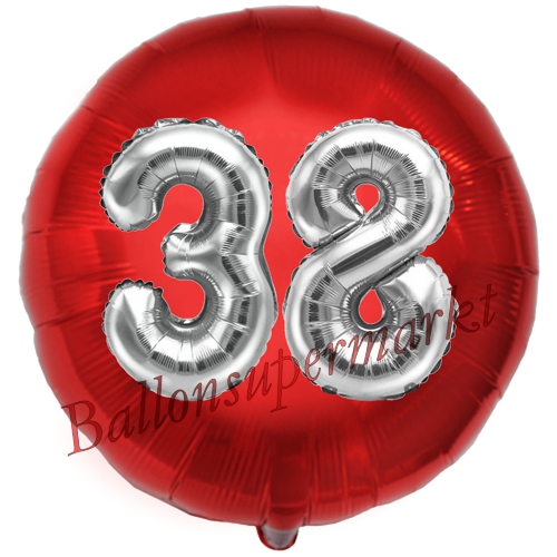 Folienballon-Rund-Jumbo-3D-38.-Geburtstag-Rot-Silber-Zahl-38-Luftballon-Geschenk